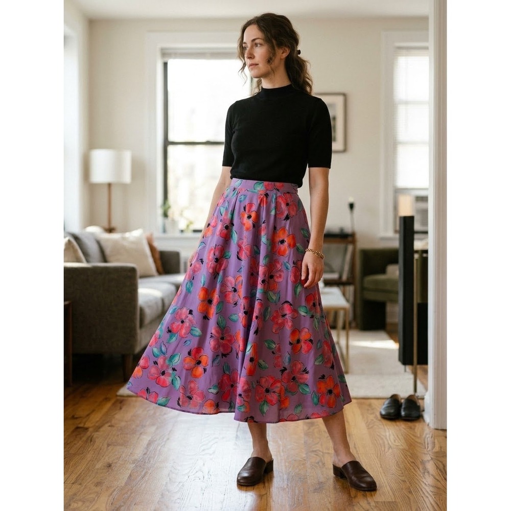 Prophecy Vintage 80 Purple Floral Cotton Midi Skirt High Waisted Pockets S